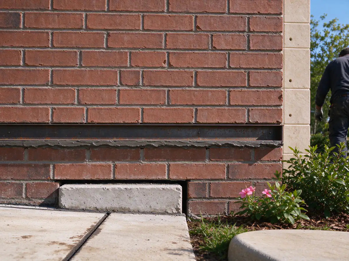 A brick facade at a floor line showing a steel shelf angle and a sealant expansion joint