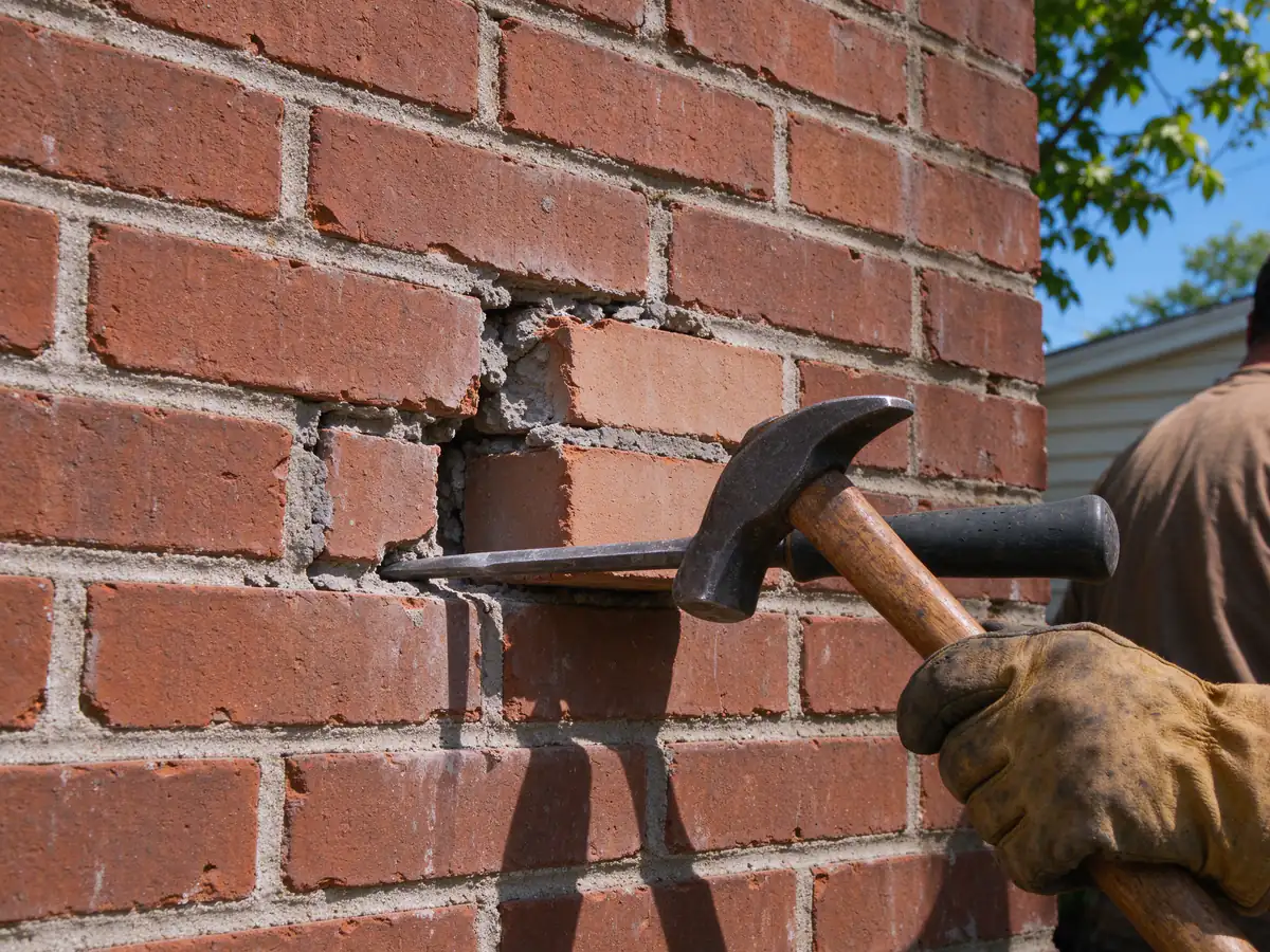 A cold chisel and brick hammer removing the mortar around one damaged brick