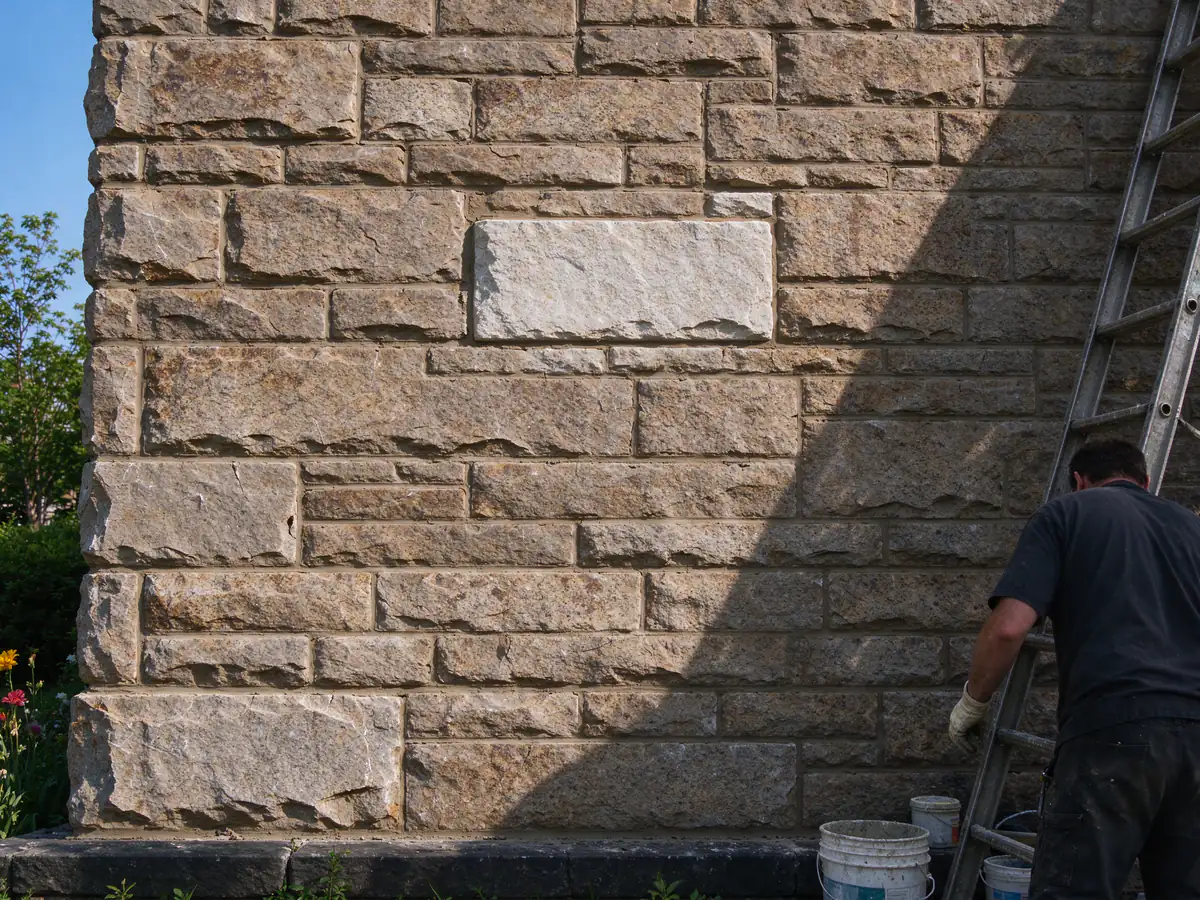 A coursed brownstone wall section with a newly set matching stone block