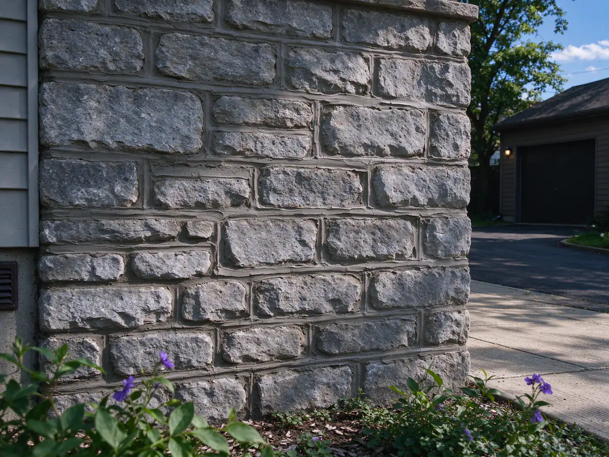 A fieldstone foundation wall with fresh mortar joints repointed between irregular gray stones