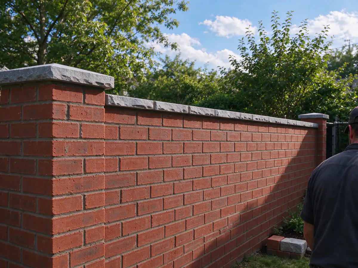 A finished new red brick garden wall with a stone coping in a sunny backyard