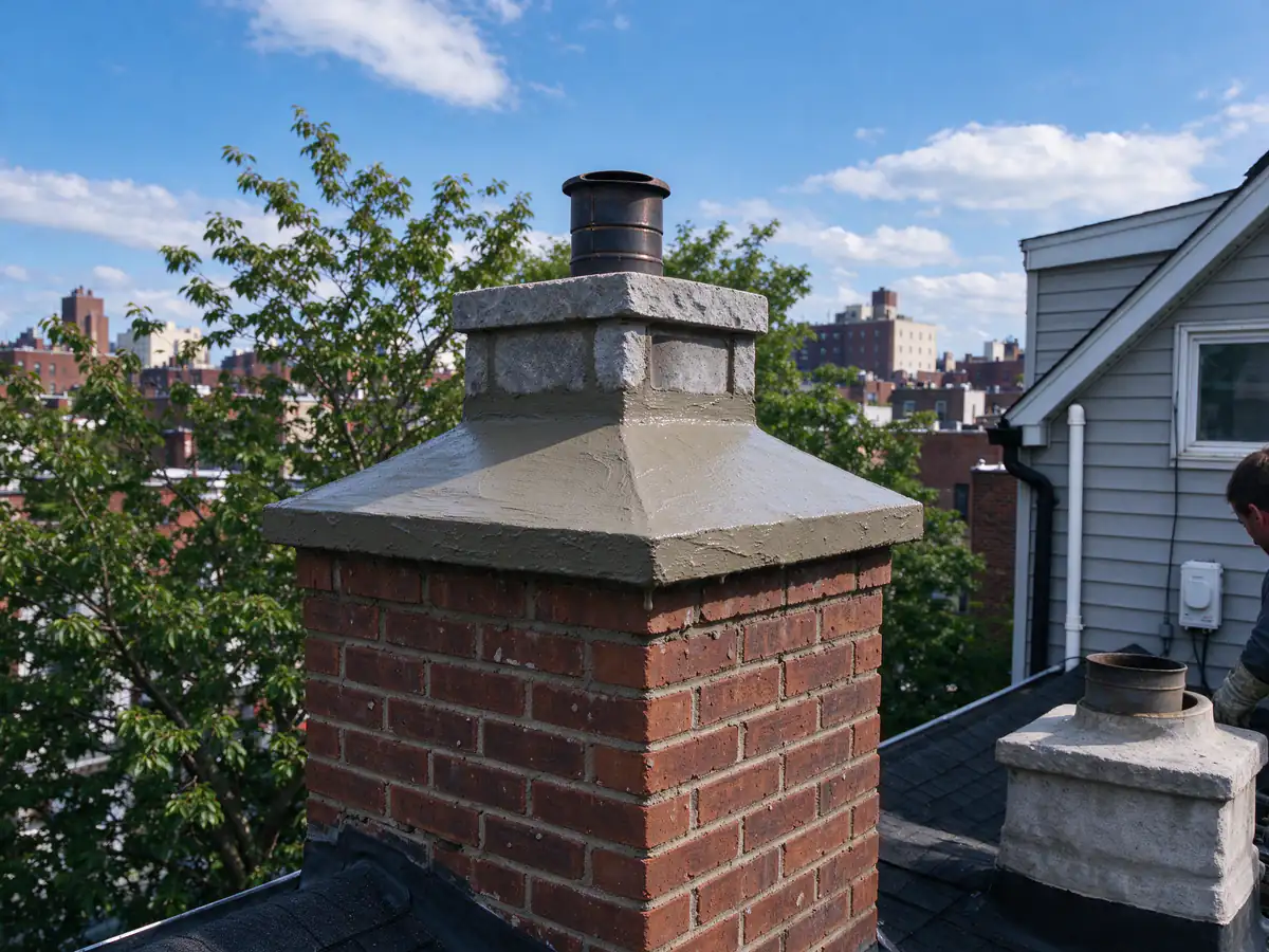 A freshly formed chimney crown with a sloped surface and a small overhang, mortar still damp