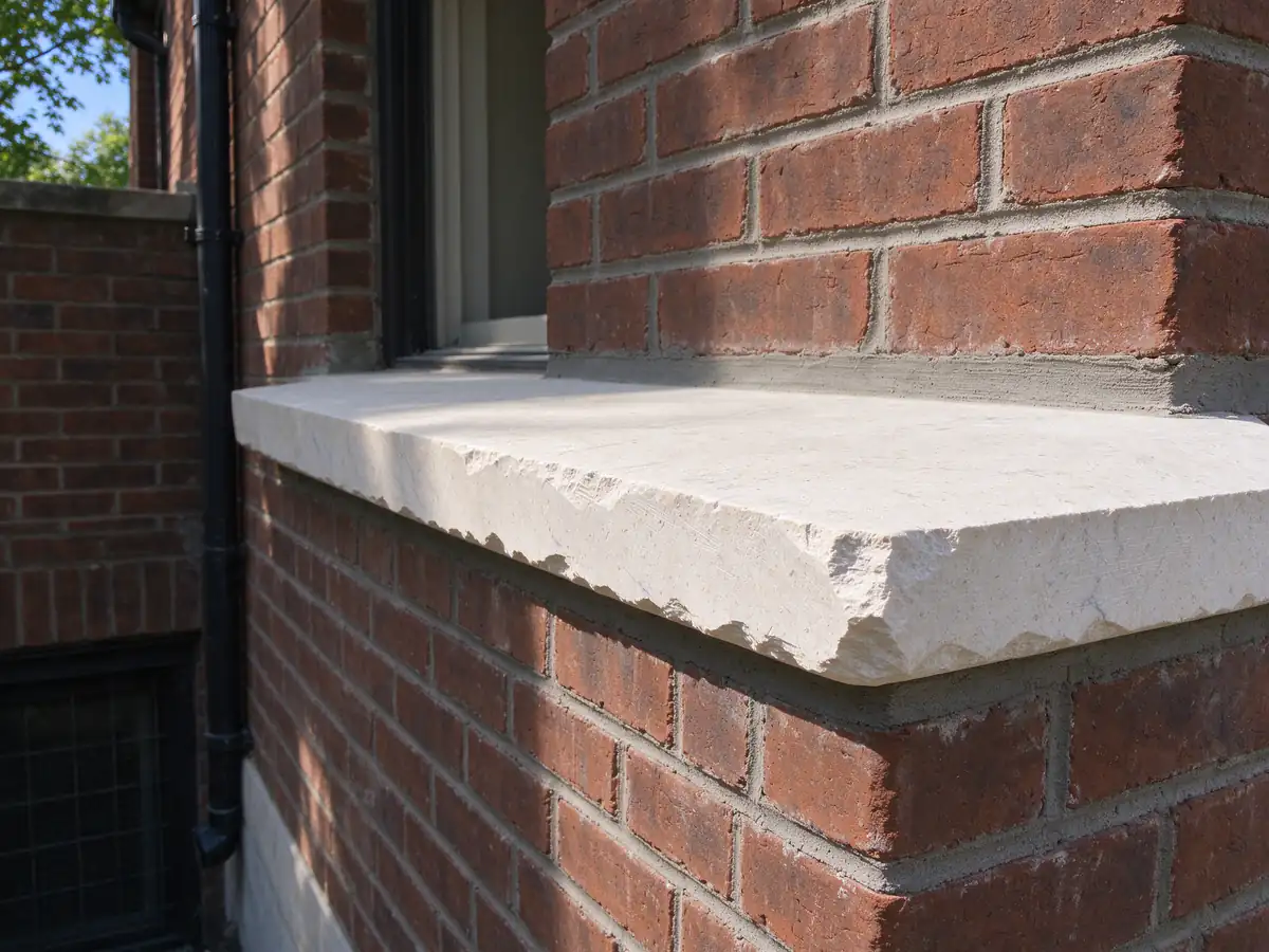 A limestone window sill on a brick wall, cleaned and with fresh joints