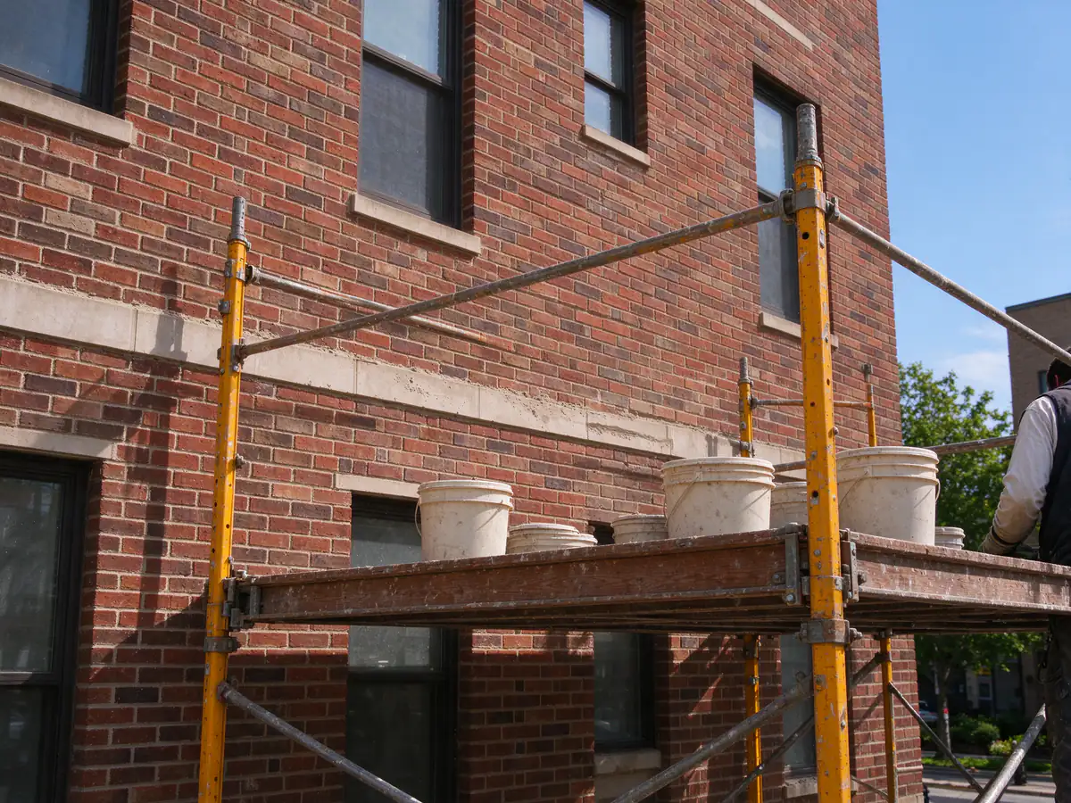 A mast-style scaffold platform against the brick facade of a multi-story building, with buckets on it