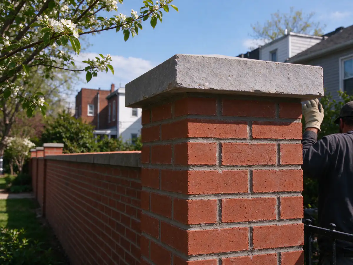A new brick pier at the end of a garden wall with a stone cap