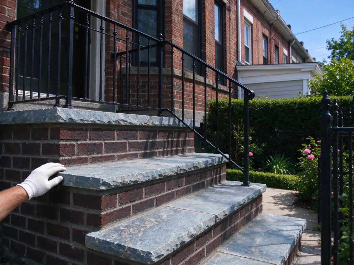 A rebuilt brick stoop with fresh mortar joints and bluestone treads, an iron railing set in the top step