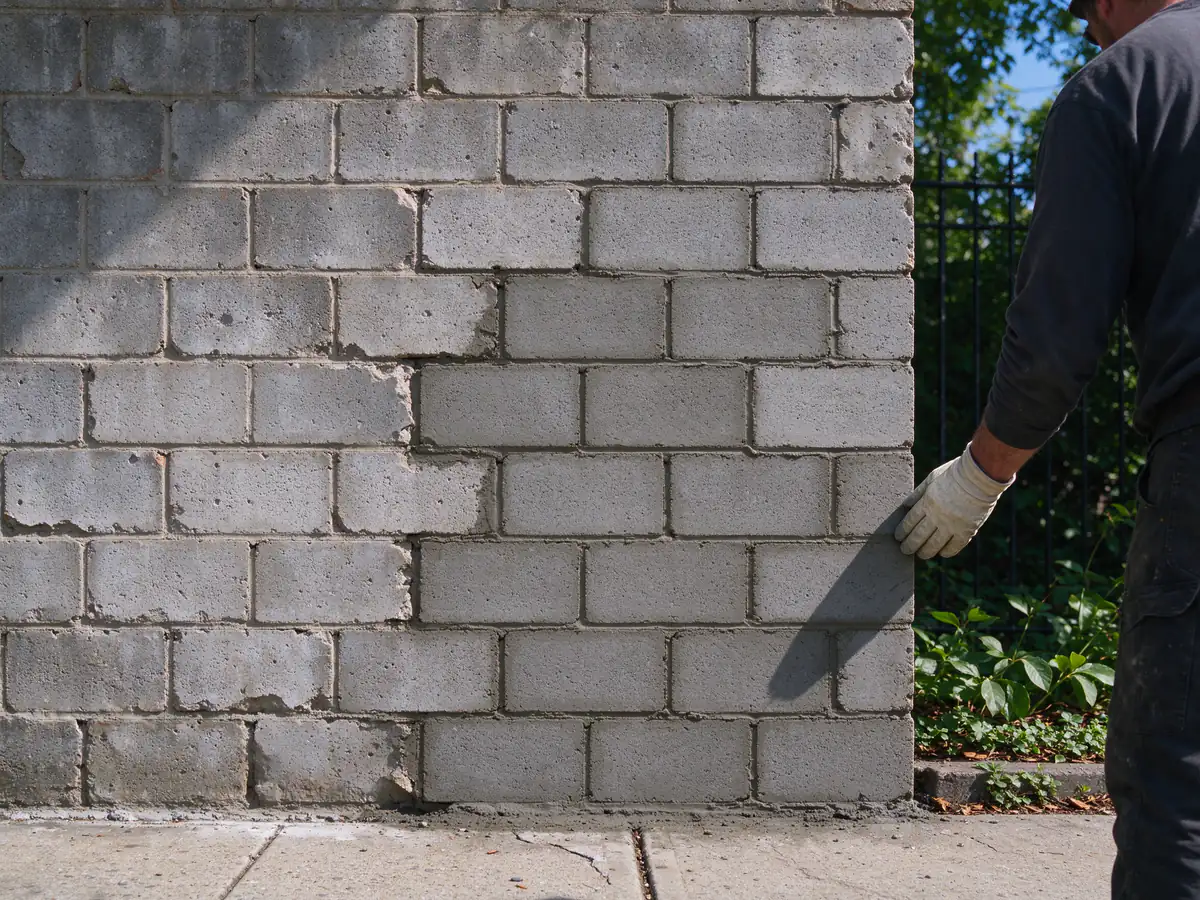 A repaired concrete block wall section with new blocks and fresh joints matching the old wall