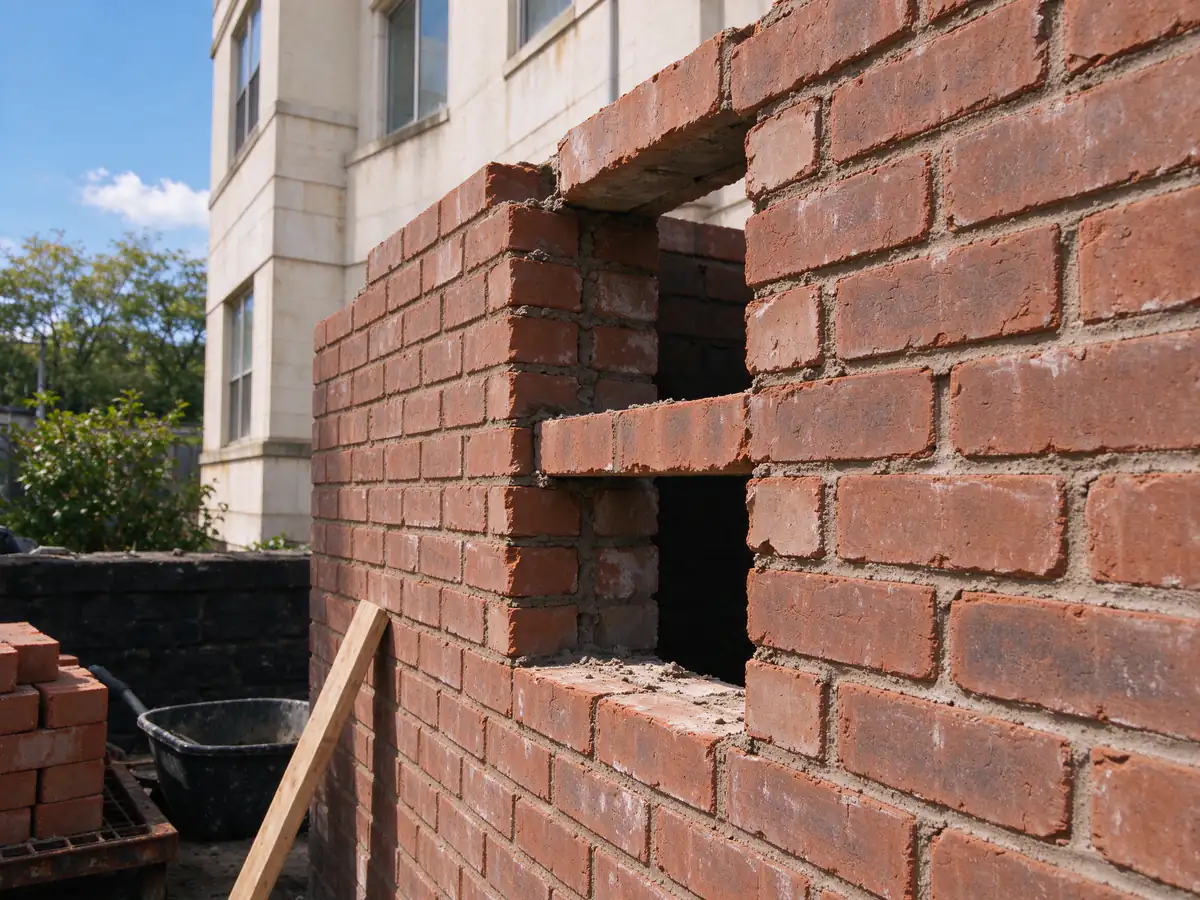 A section of a brick wall opened to show the gap between an outer brick wythe and the inner wythe, with a header brick visible