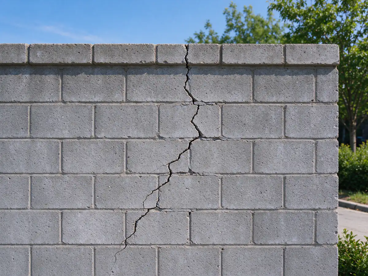 A stepped crack through the mortar joints of a gray concrete block wall