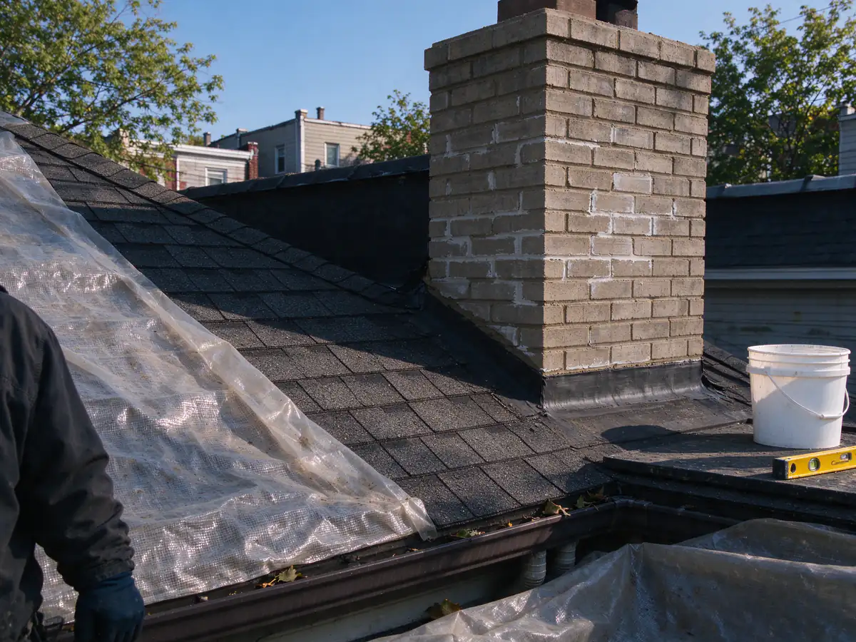 A tarp protecting a shingle roof next to a chimney under repair, with a bucket and level on a roof platform
