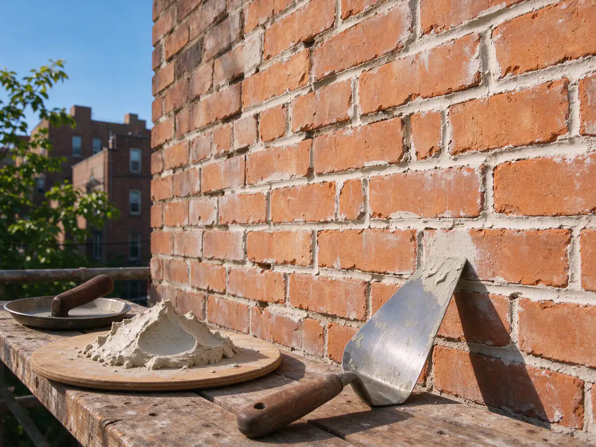 A wooden mortar board holding a mound of off-white lime mortar and a hawk with a pointing trowel, resting on a scaffold plank beside an old soft orang