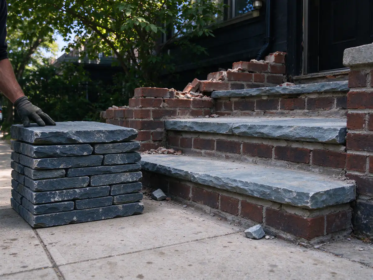 Bluestone treads stacked on a sidewalk next to a stoop under repair