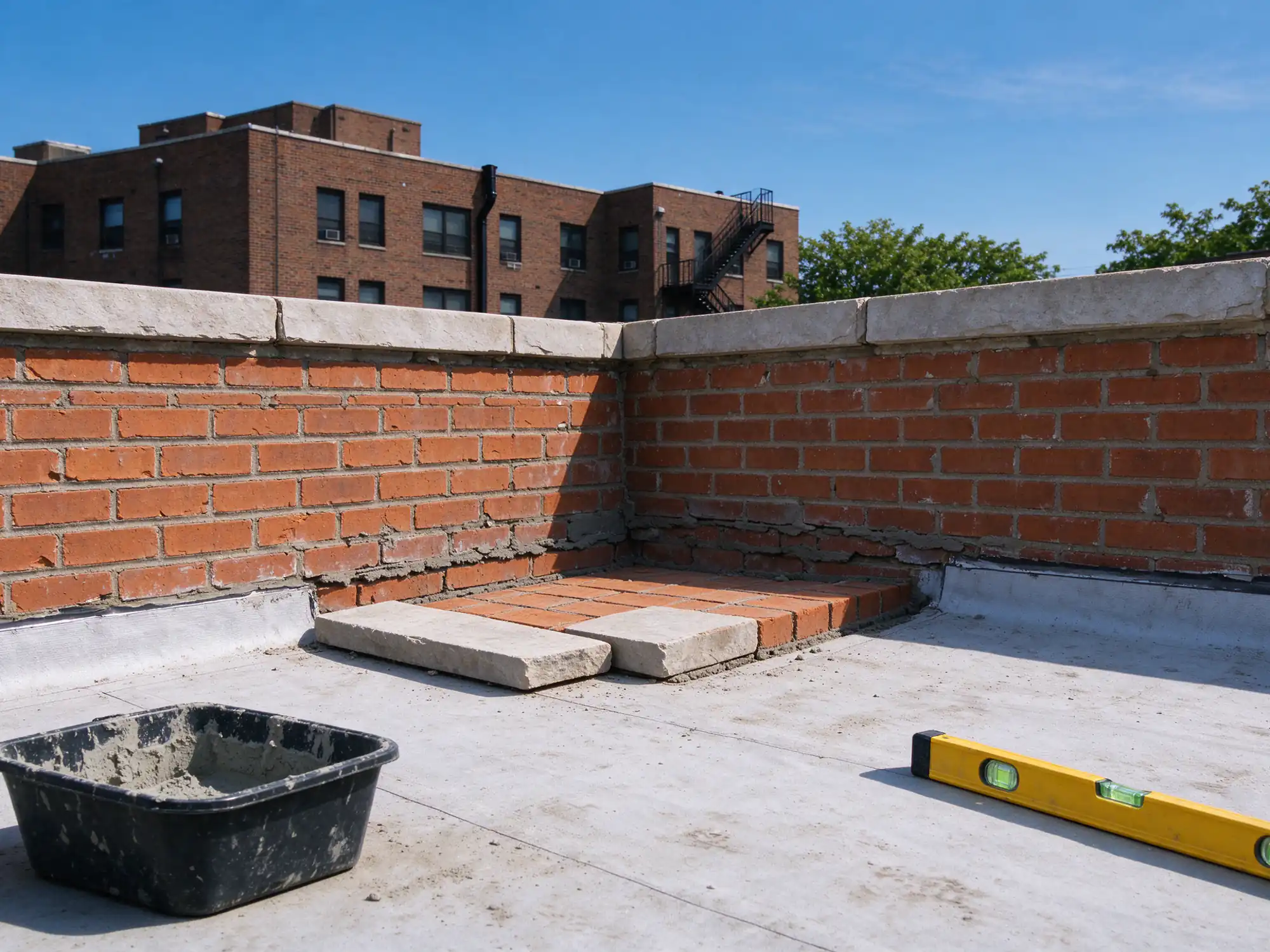 Brick parapet on a flat roof with coping stones lifted for repair