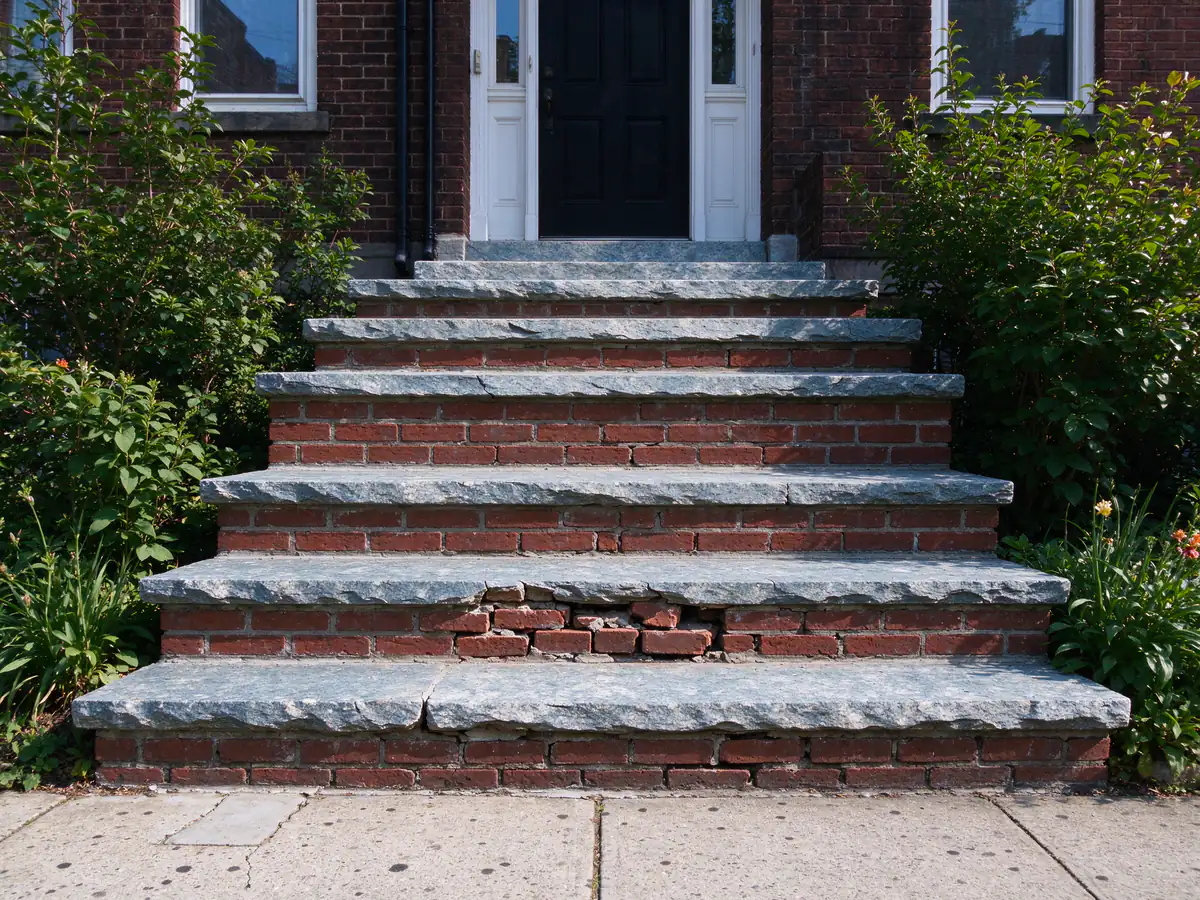 Brick stoop with uneven bluestone treads and a loose riser (representative before)