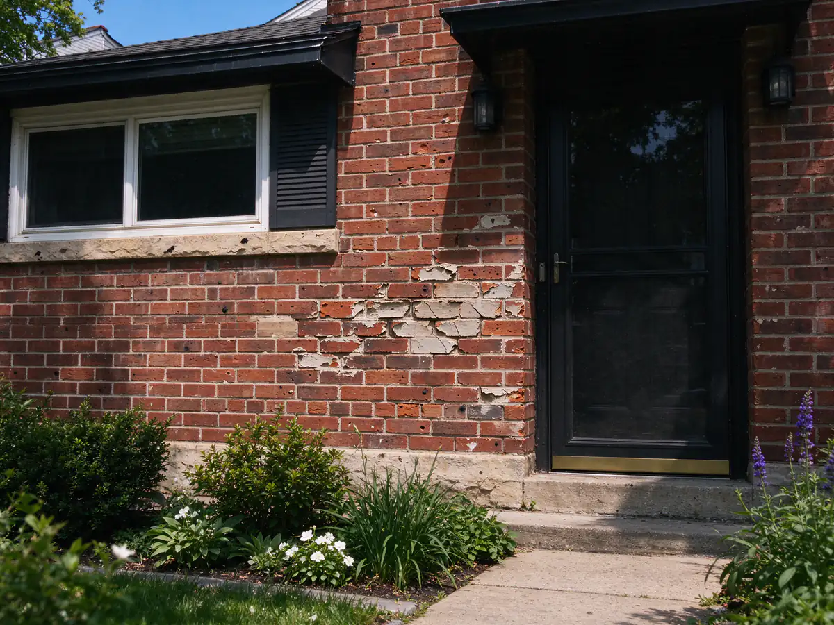 Brick wall beside a front door with spalled and cracked bricks (representative before)