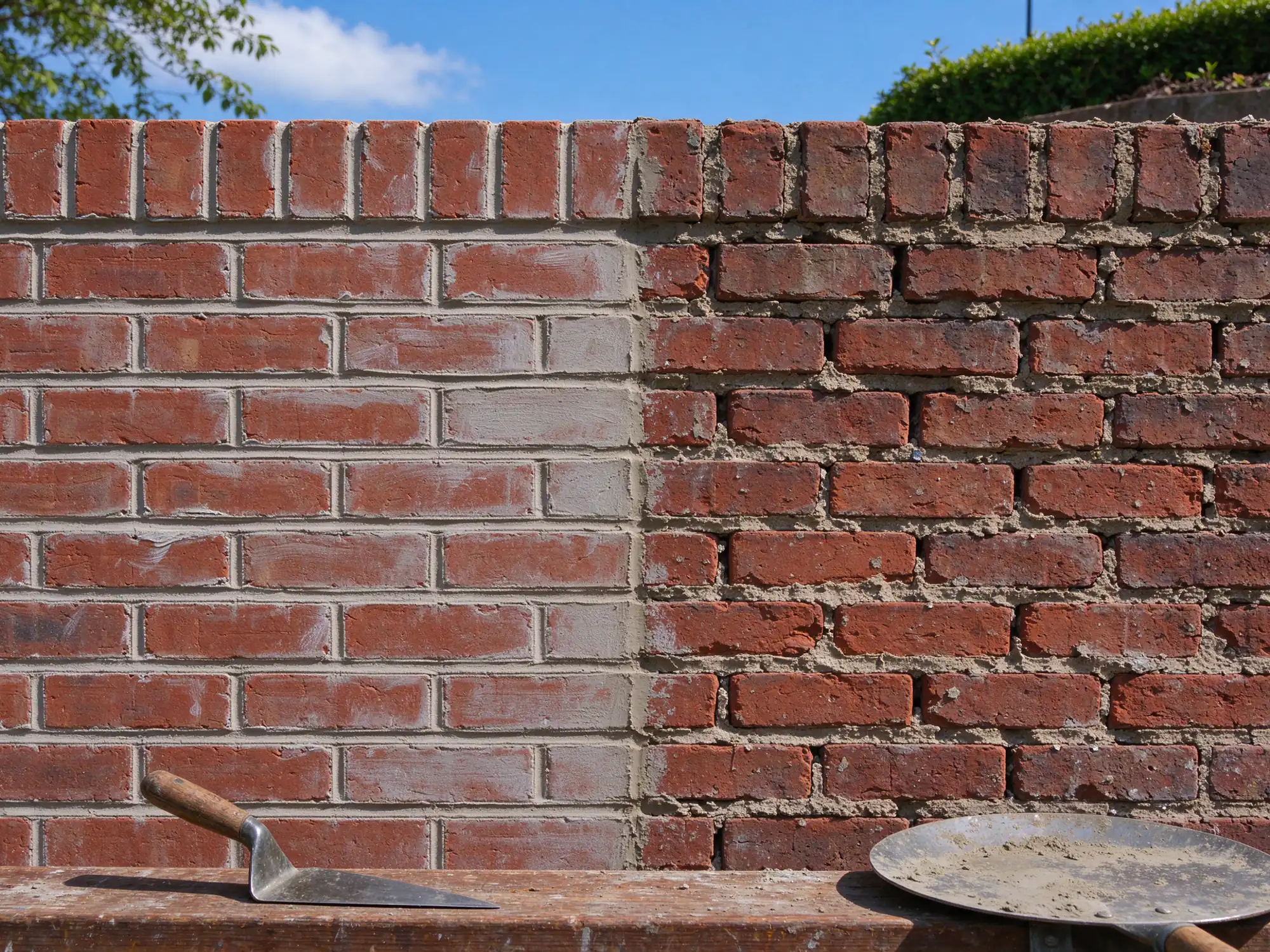 Brick wall with freshly pointed concave joints beside worn sandy joints, pointing trowel and hawk on a plank