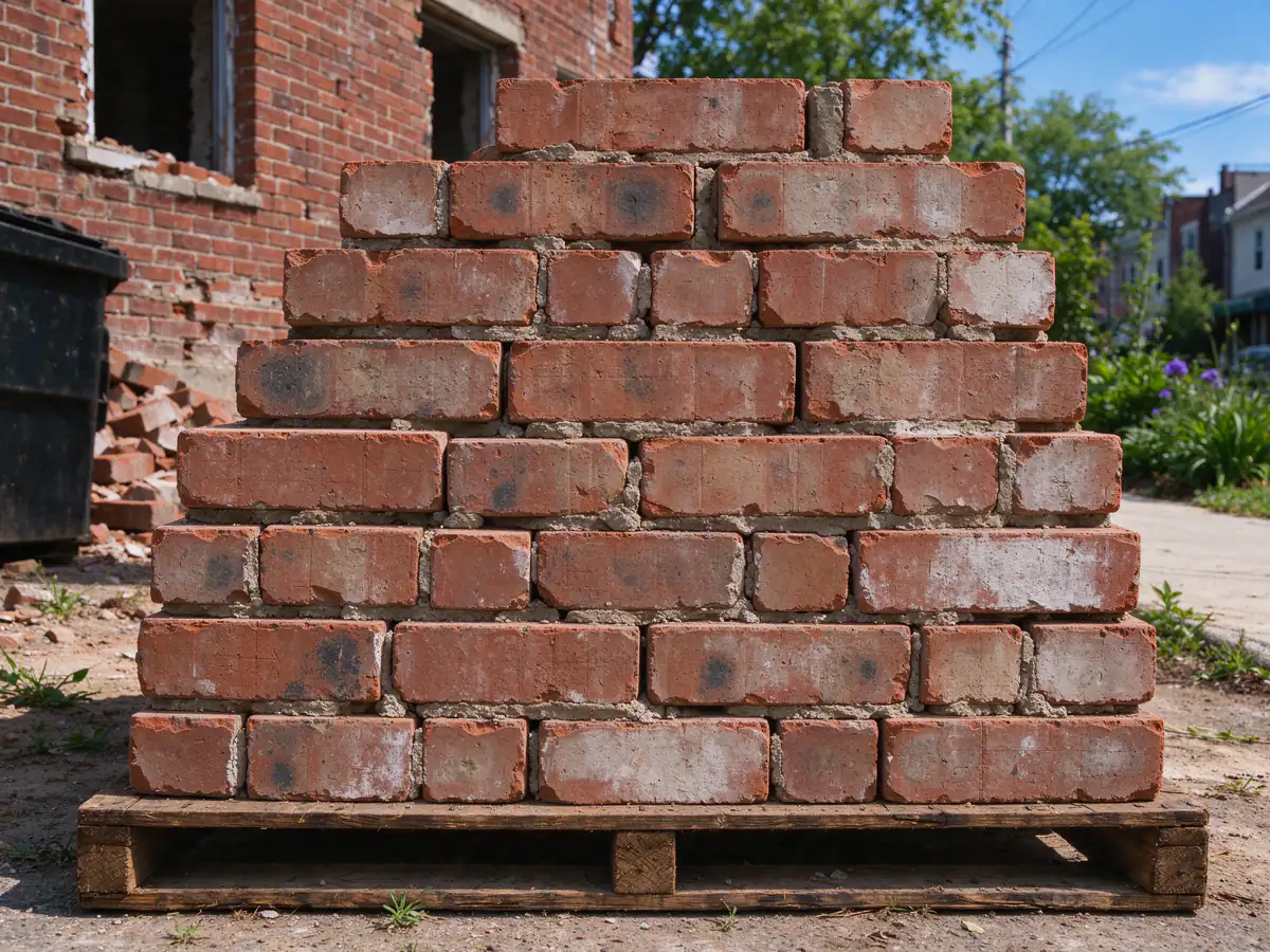Bricks removed from a wall stacked on a pallet, cleaned of old mortar, ready to reuse