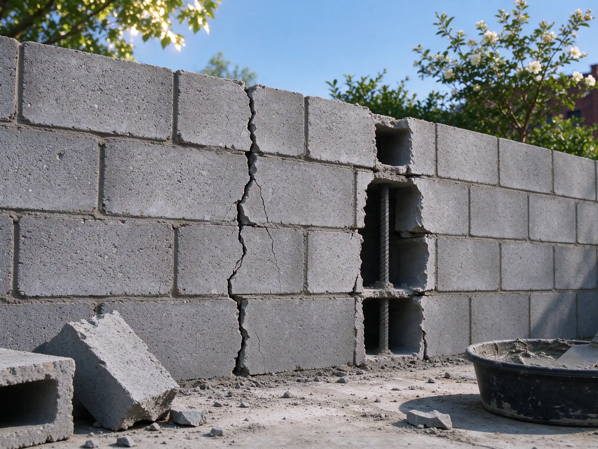 Cracked concrete block wall with an opened core showing grout and a steel reinforcing bar