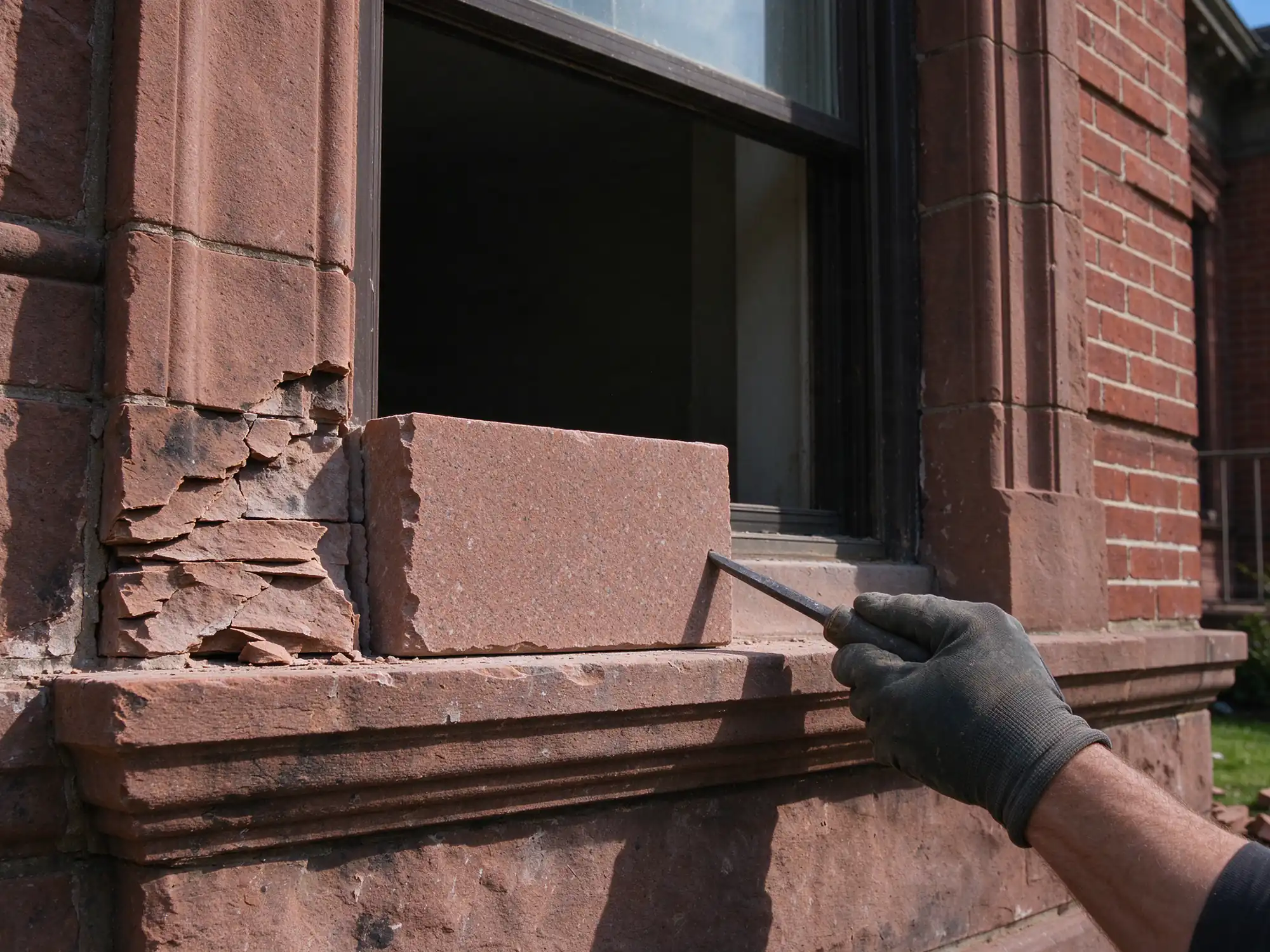 Delaminated brownstone window surround with a matching new brownstone piece being fitted