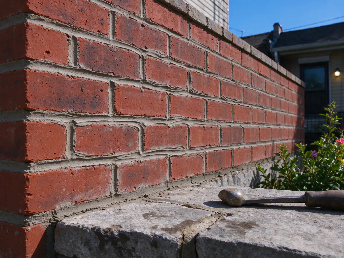 Fresh concave-tooled light gray mortar joints on a red brick wall, slightly damp, with a steel jointer tool resting on a stone ledge below