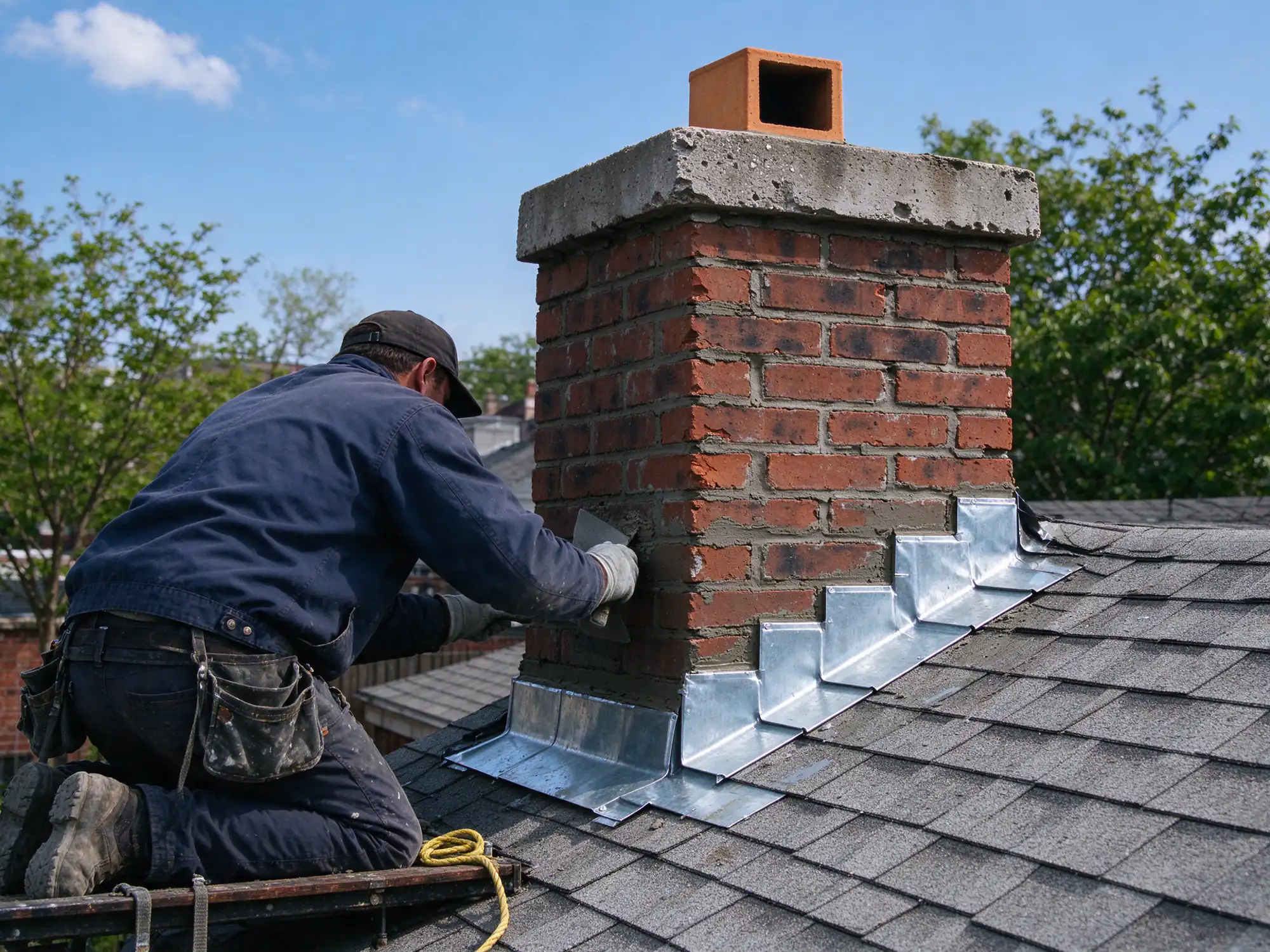 Mason seen from behind repointing a brick chimney above a shingle roof with step flashing