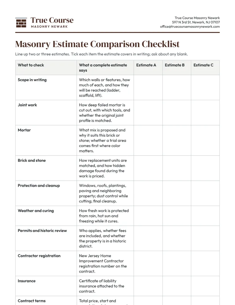 First page of the masonry estimate comparison checklist
