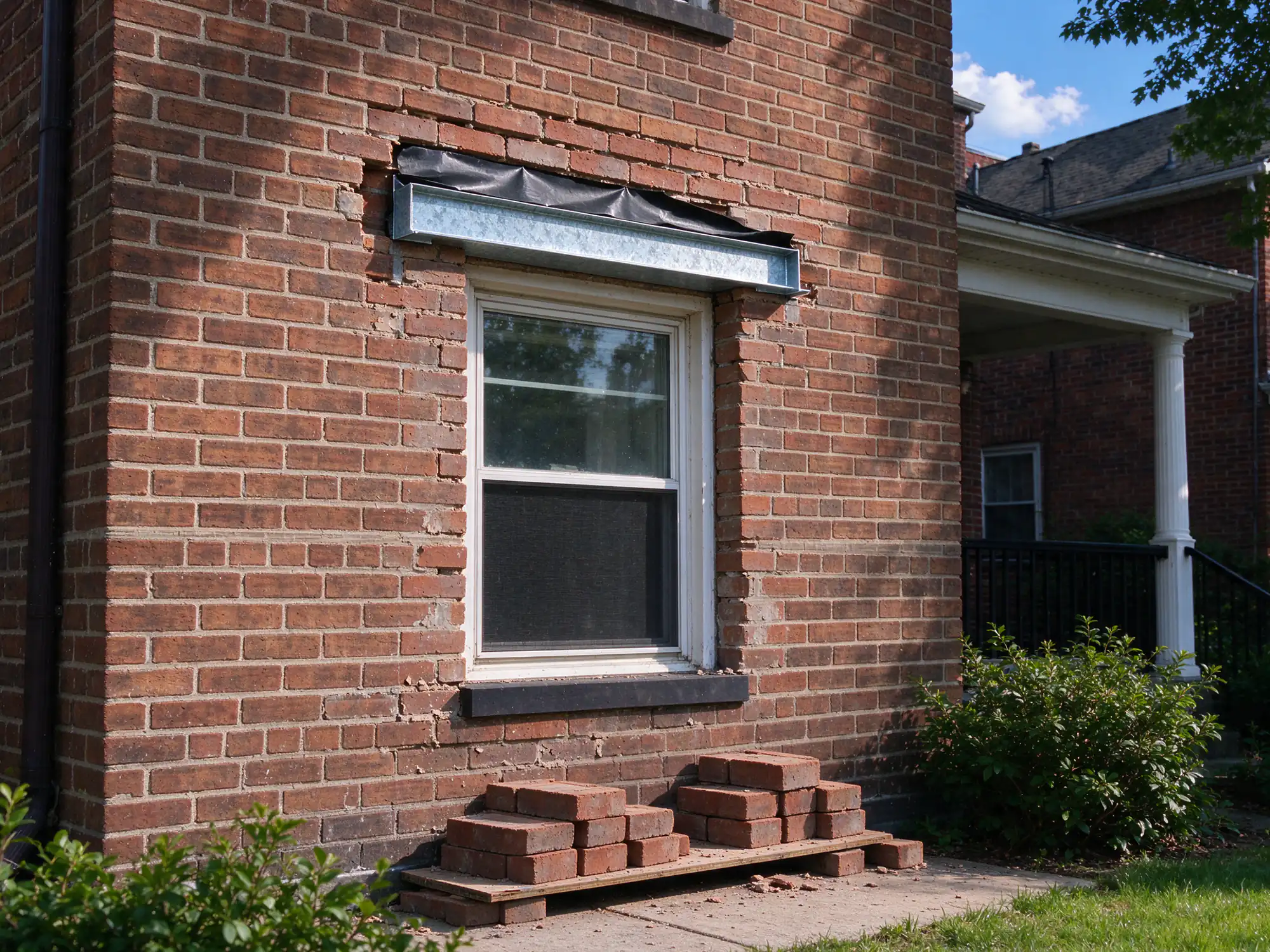 New galvanized steel lintel with flashing over a window in an older brick wall