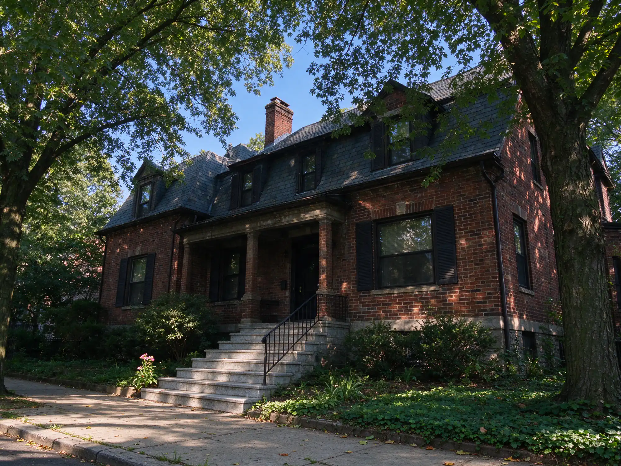 Older brick house with slate roof, chimneys and stone steps in Glen Ridge, NJ