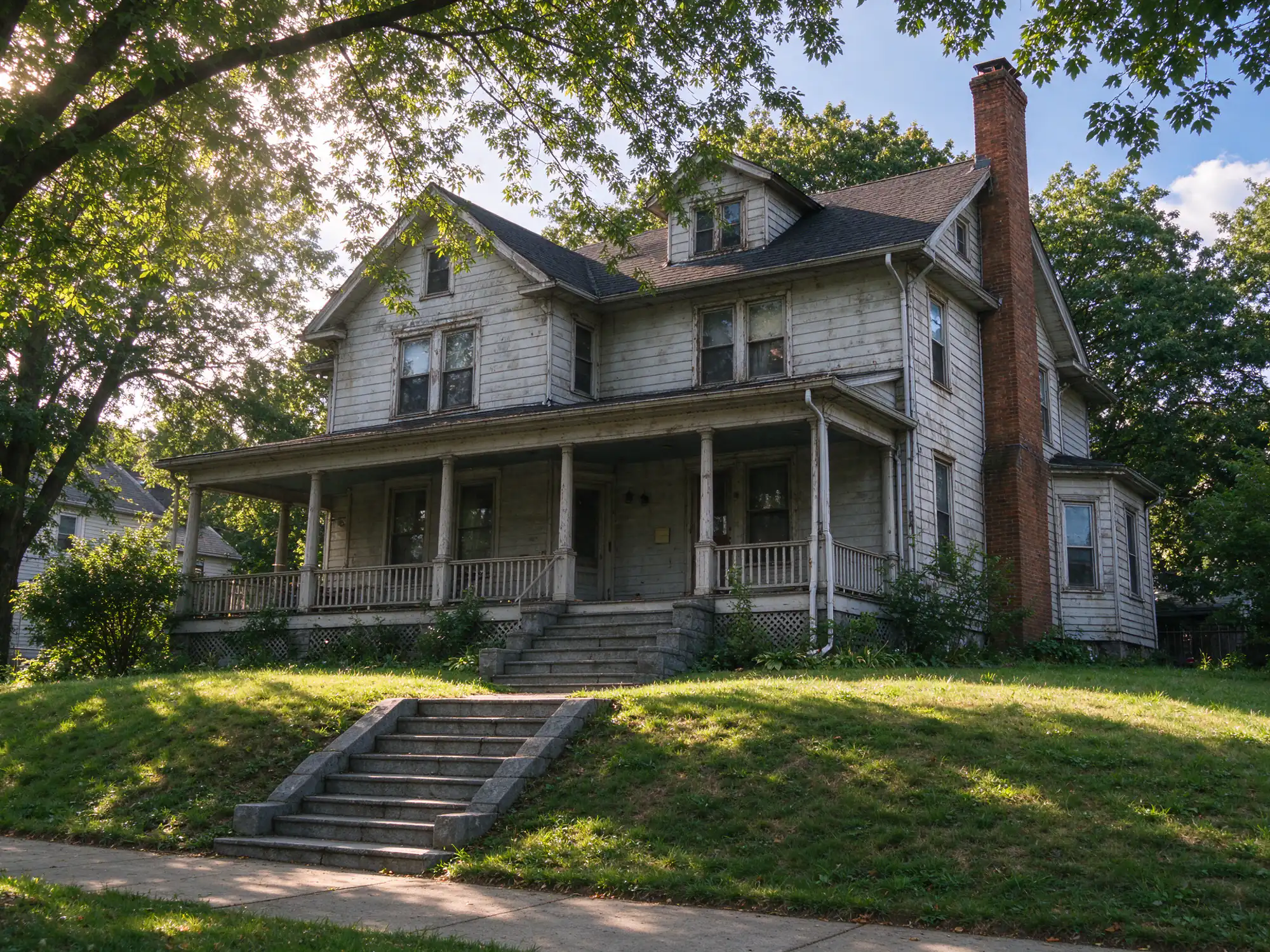 Older house with a tall brick chimney and stone front steps on a sloping lawn in Montclair, NJ