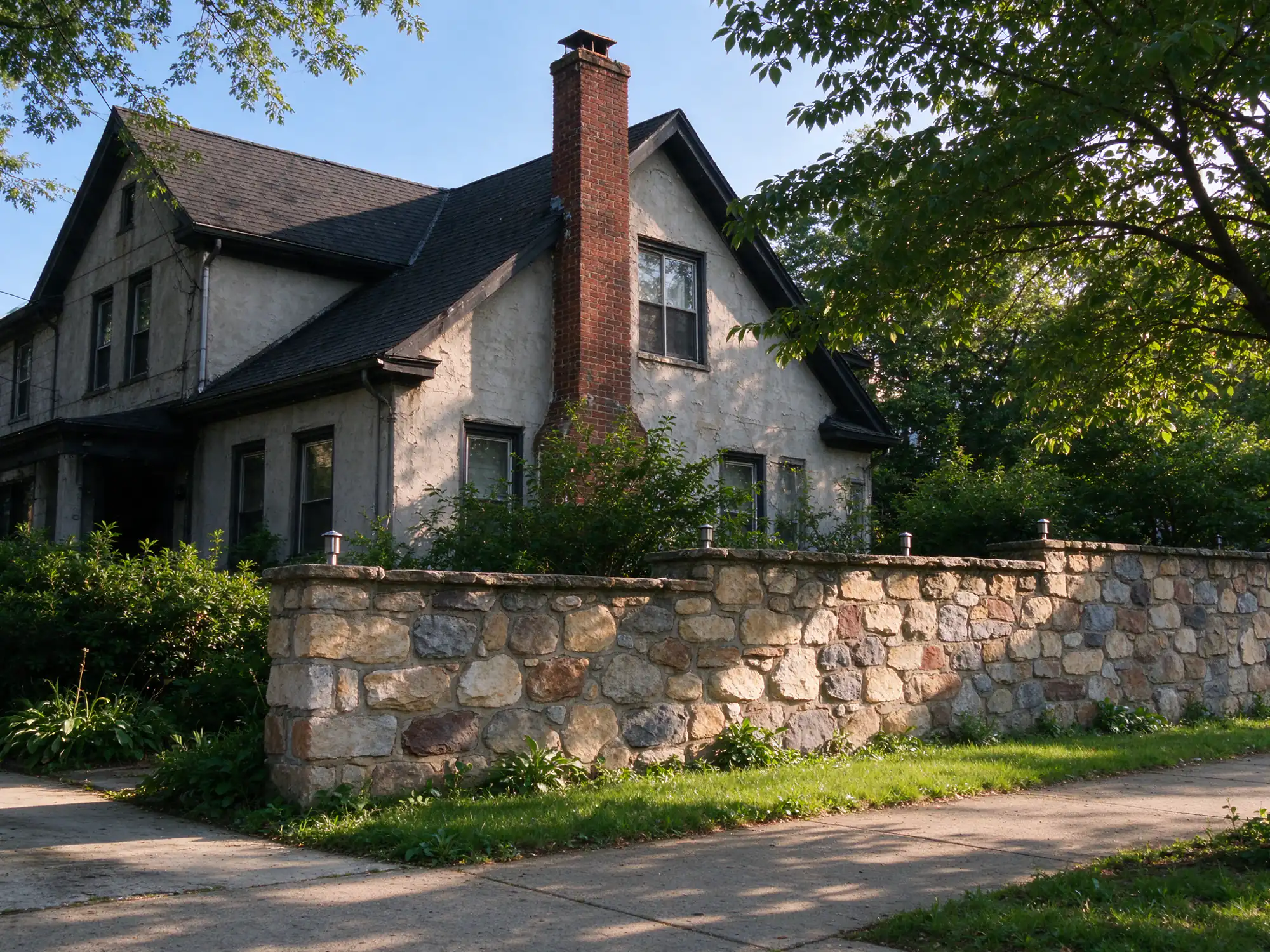 Older stucco and brick house with a tall chimney behind a fieldstone wall in Maplewood, NJ