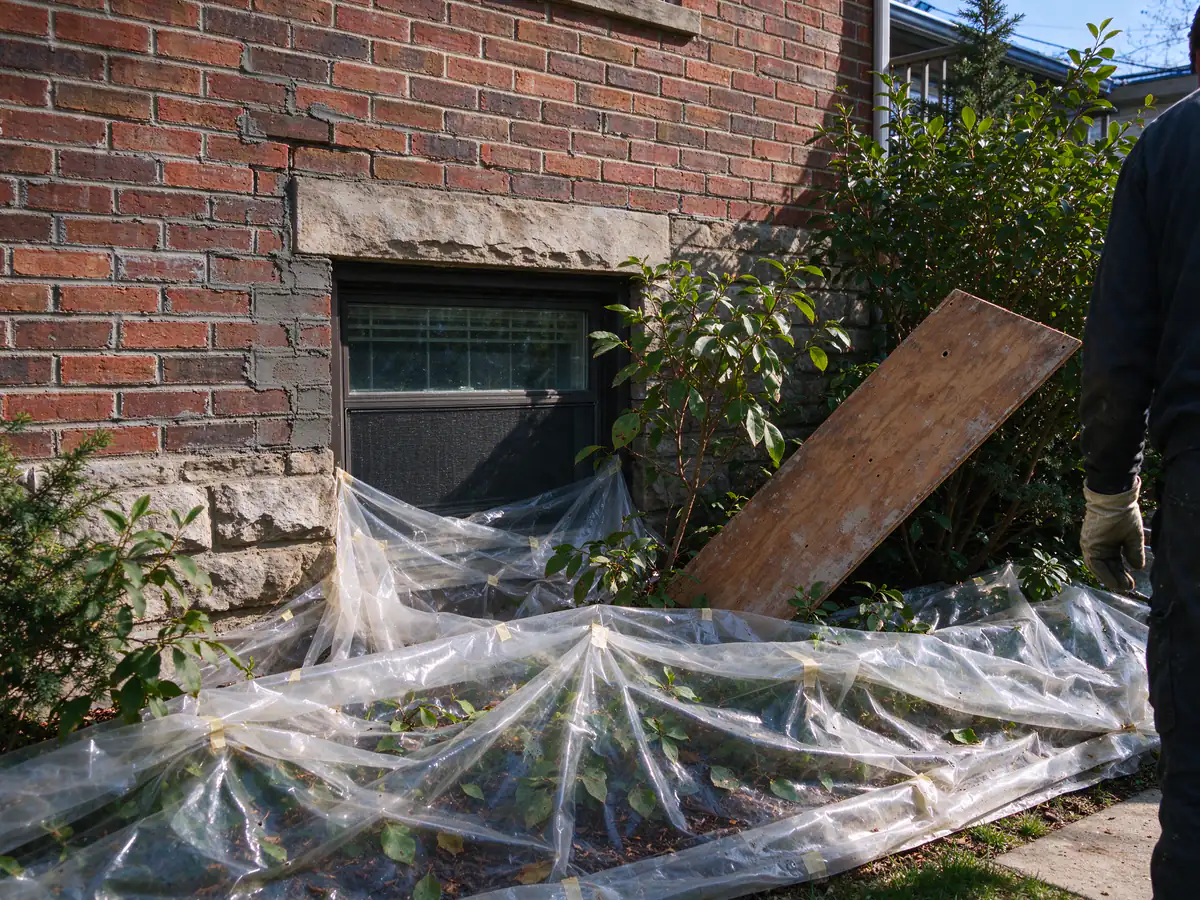 Plastic sheeting and plywood protecting a basement window and plantings below brick repair work