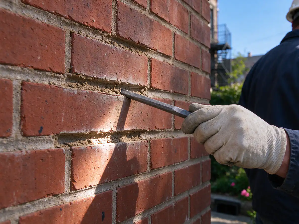 Raked-out horizontal mortar joints in a red brick wall, cut clean to about an inch deep, with a gloved hand holding a plugging chisel