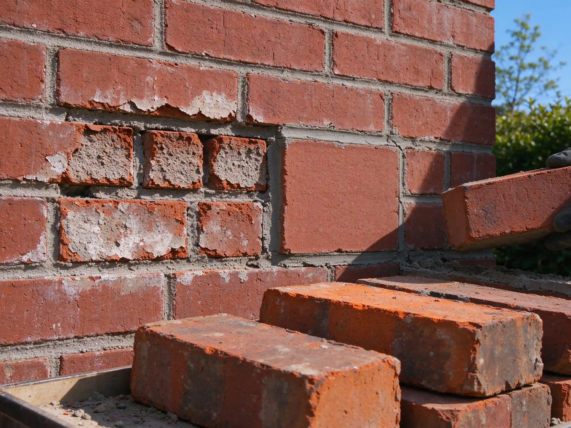 Spalled bricks in a red brick wall with a matching replacement brick held ready