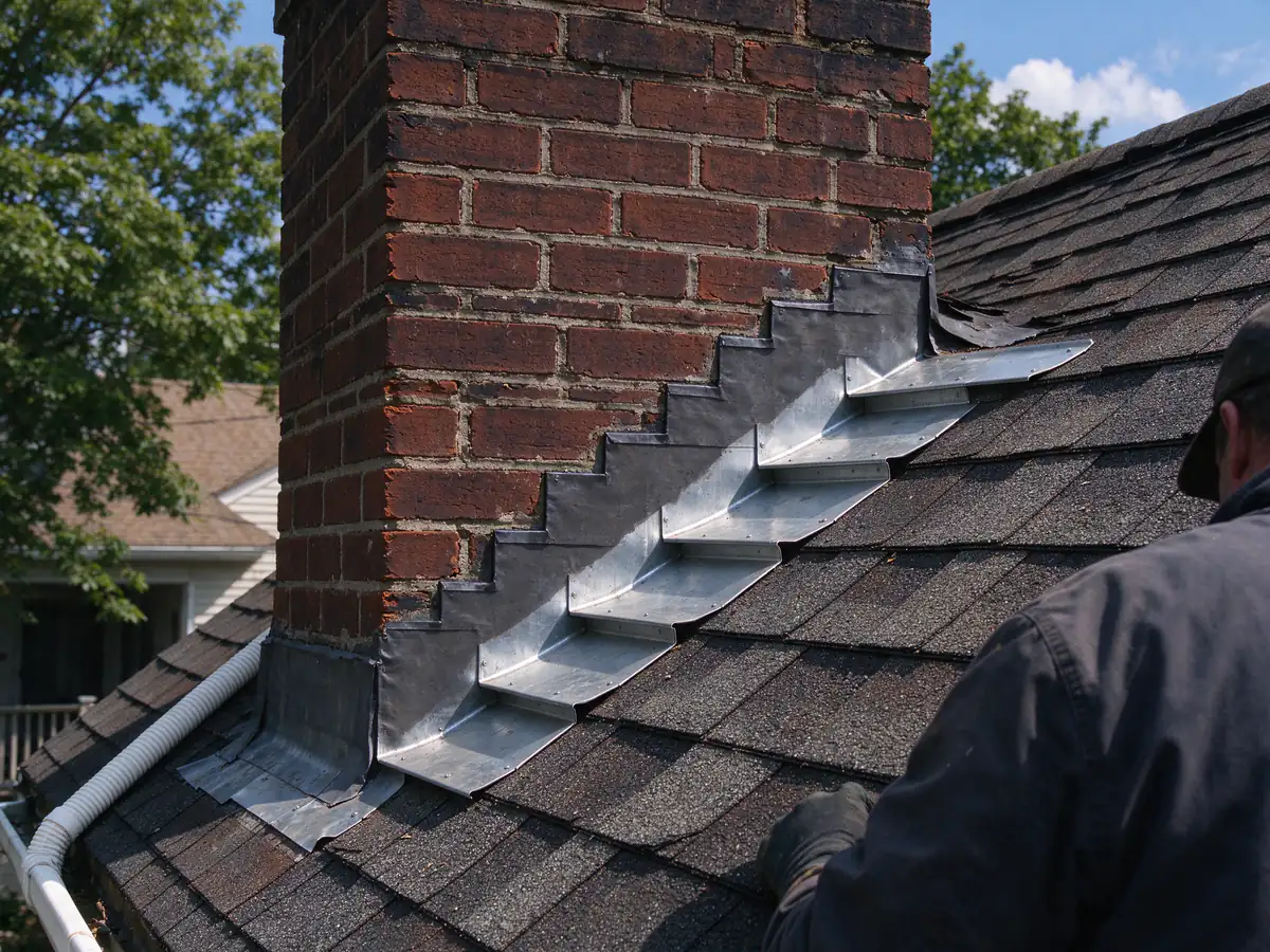 Step flashing and counterflashing at the base of a brick chimney on an asphalt shingle roof