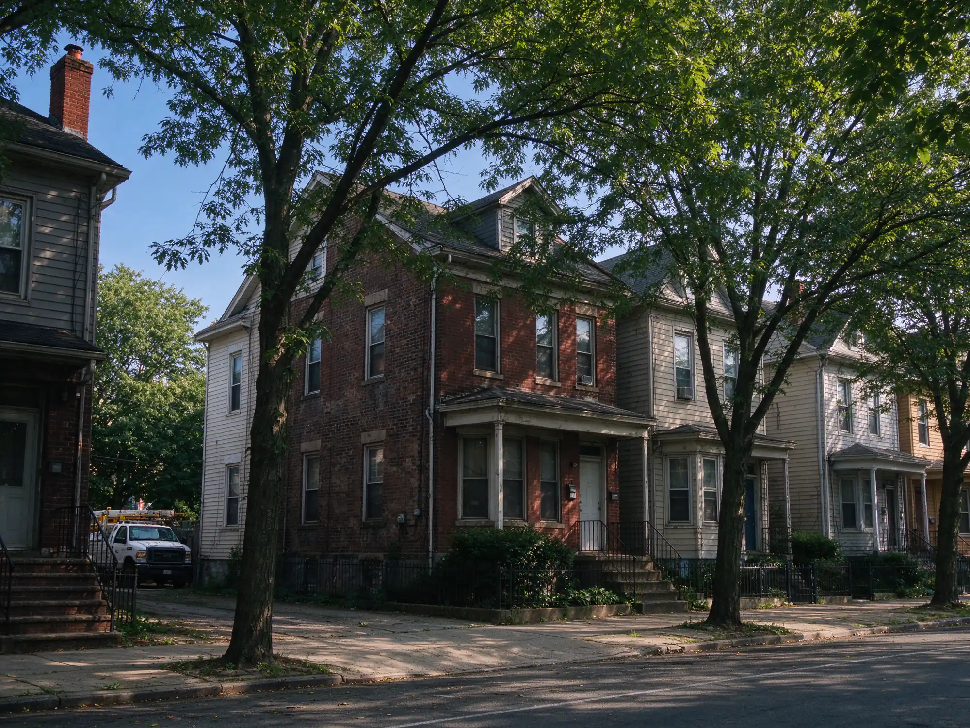 Street of older two- and three-family brick and frame houses with stoops in Irvington, NJ
