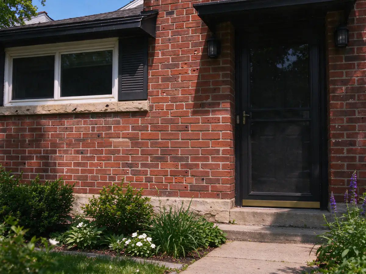 The same brick wall after the damaged bricks were replaced with matching brick (representative after)
